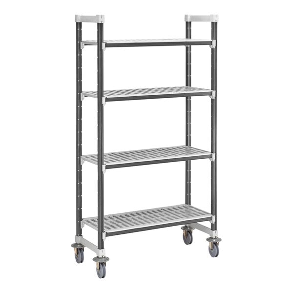 A grey metal Cambro Camshelving Elements mobile unit with four vented shelves.