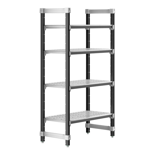 A black and silver Cambro Camshelving Elements XTRA starter unit with four vented shelves.