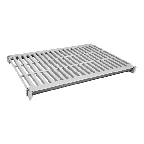 A white metal grate on a white Cambro shelf.