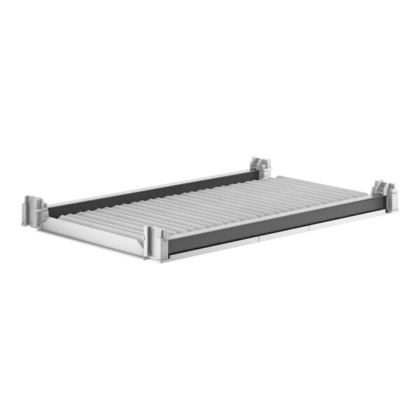 A Camshelving® Elements metal shelf kit with rollers.
