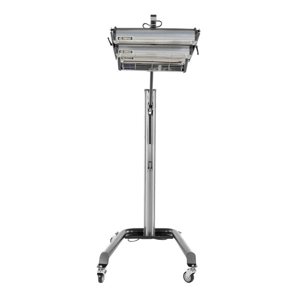 A Vestil industrial heater on a silver metal stand.