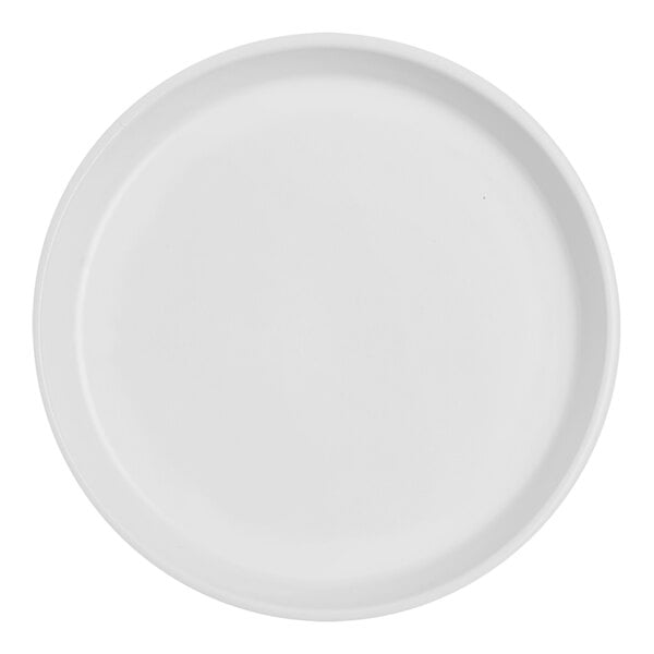 A close-up of a Santa Anita Reflections white stoneware plate with a round rim.