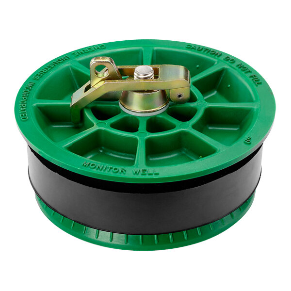 A green and black plastic spool with a metal bolt on top.
