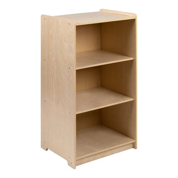 A Flash Furniture wooden classroom storage cabinet with three shelves.