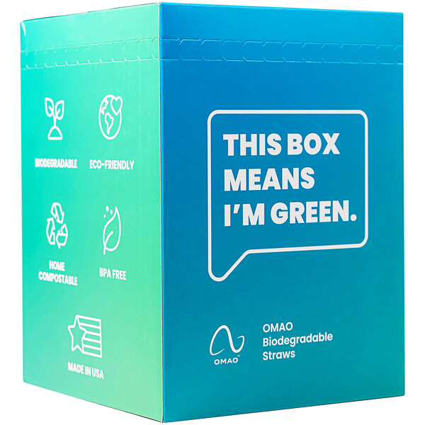 A blue box with white text that reads "OMAO 5 3/4" Unwrapped PHA Cocktail Straw - 2000/Box"
