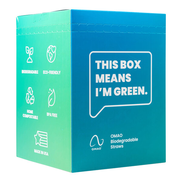 A blue box with white text that says "OMAO Jumbo Unwrapped PHA Straw" over a green recycle sign with white text.