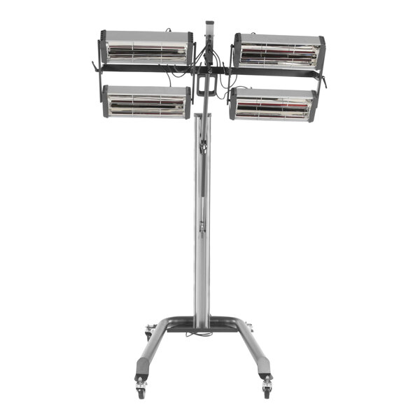 A Vestil industrial electric infrared heater on a stand.