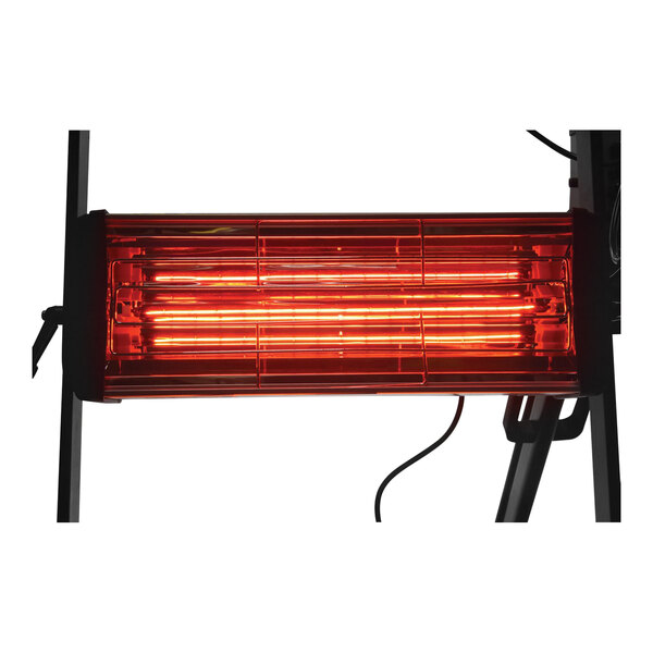 A red Vestil portable infrared electric industrial heater on a stand.