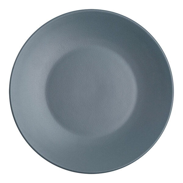 A close-up of a Santa Anita Reflections slate stoneware coupe plate with a circular center.