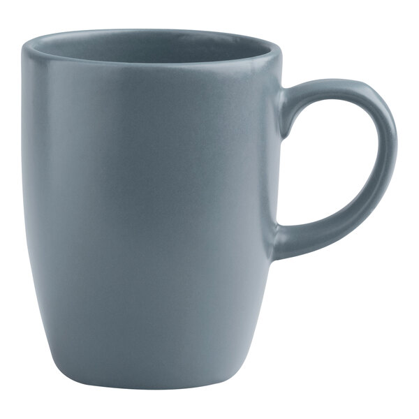 A close-up of a Santa Anita Reflections slate stoneware mug with a handle.
