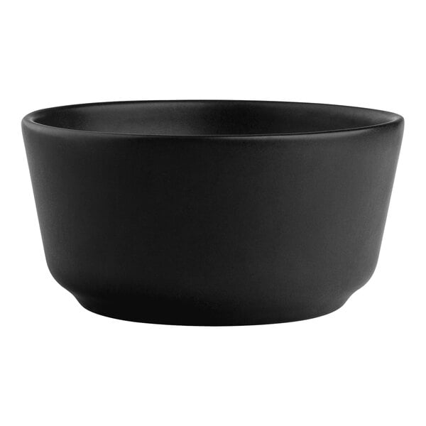 A black Santa Anita Reflections stoneware bowl with a white background.