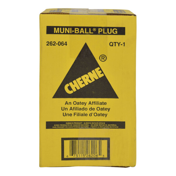 A yellow box with black text and a yellow triangle with black text reading "Cherne Muni-Ball 6" Pipe Plug"