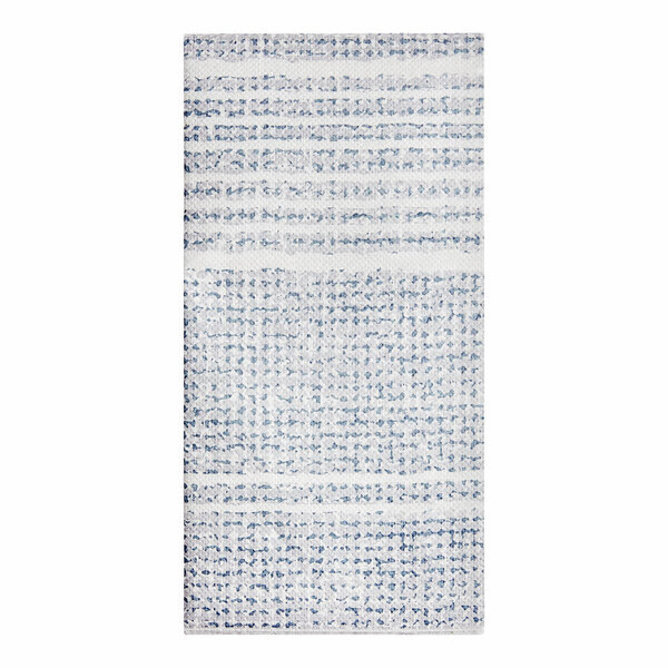 A close-up of a blue and white Hoffmaster FashnPoint dinner napkin with a knit pattern.