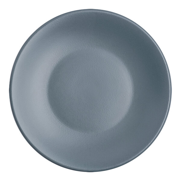 A close up of a Santa Anita Reflections slate stoneware coupe plate with a grey color.