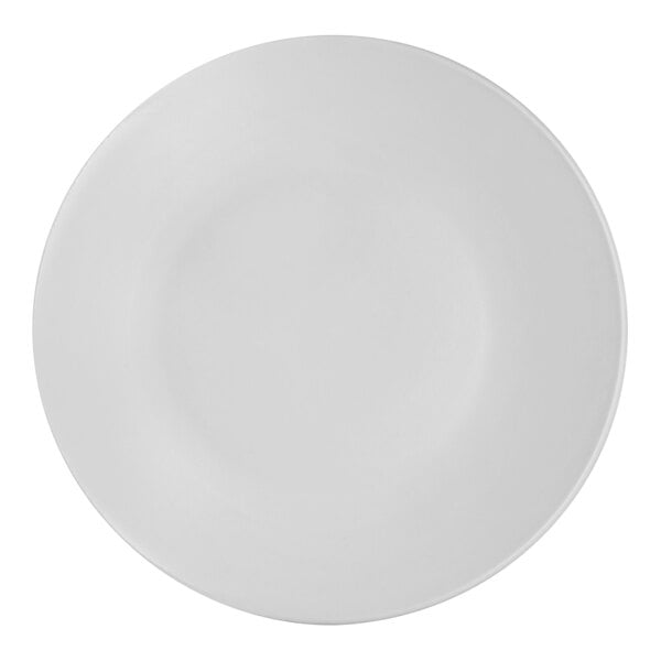 A white Santa Anita stoneware coupe plate with a white rim.