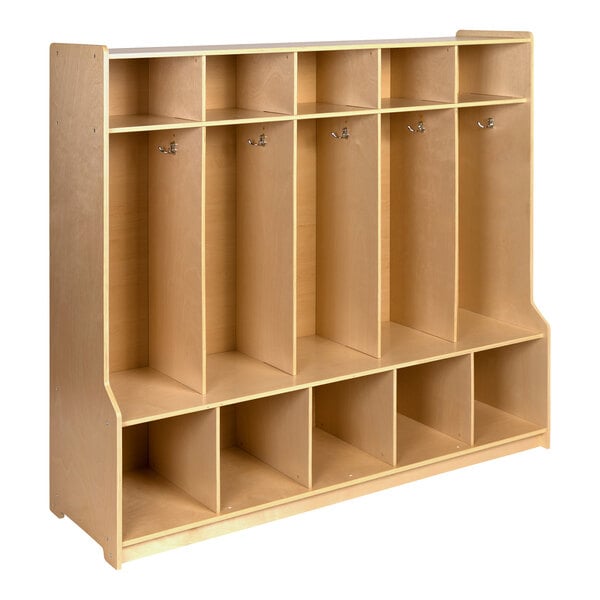 A wooden locker with 5 compartments, benches, and cubbies.
