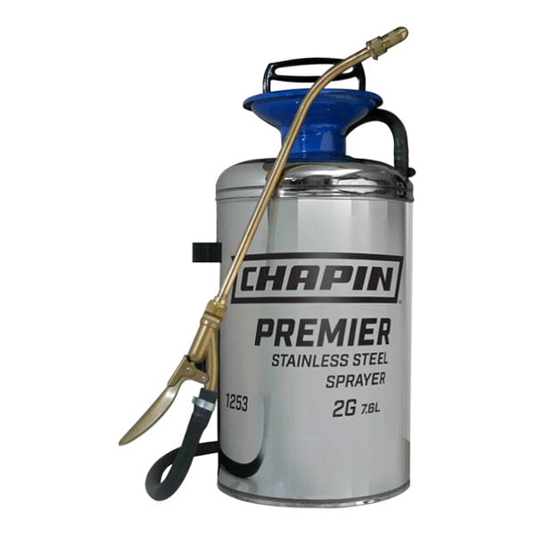 A Chapin stainless steel tank sprayer with a blue handle.