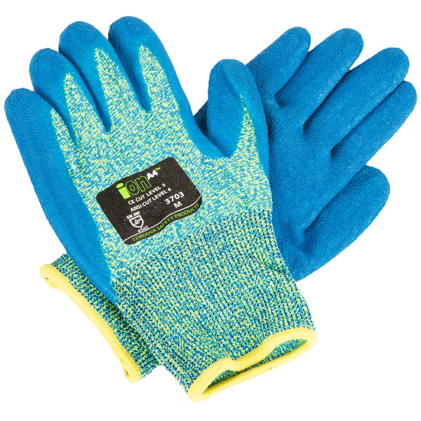 A pair of small blue and yellow Cordova iON heavy duty work gloves with a crinkle latex palm coating.