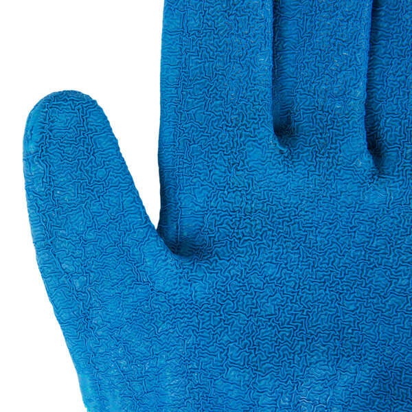 A close up of a small blue Cordova glove with a crinkle latex palm.