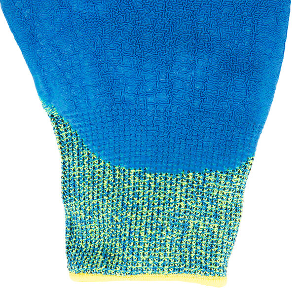 A small blue and yellow Cordova iON A4 work glove with a blue crinkle latex palm coating.