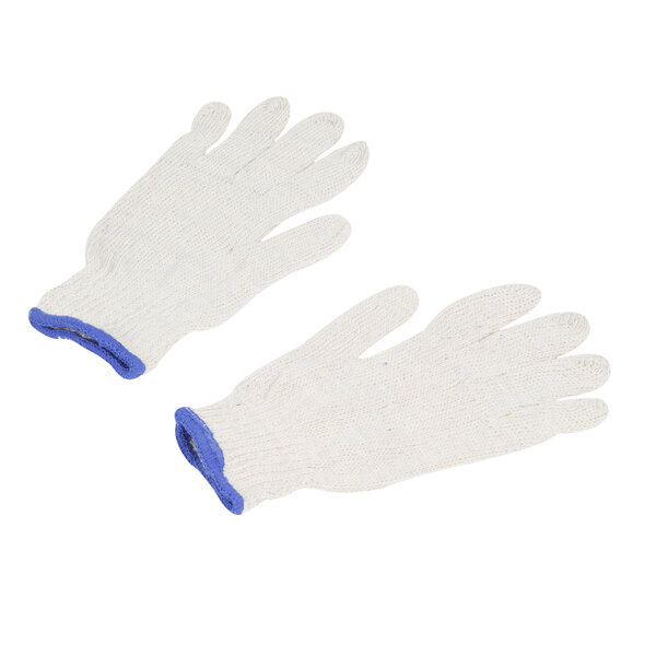 A pair of white Cordova work gloves with blue trim.