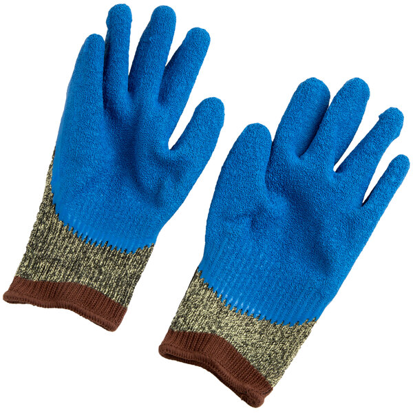 A pair of small Cordova cut-resistant gloves with blue latex palms and camo and brown fabric.