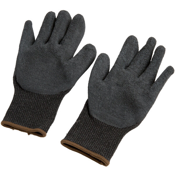 A pair of small black Cordova Monarch gloves with black latex coating on the palms.