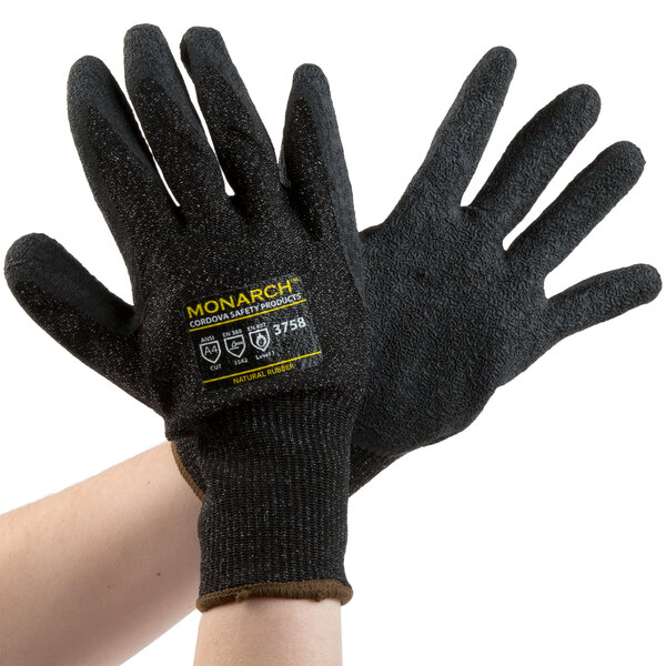 A pair of small black Cordova Monarch work gloves with black latex palm coating.