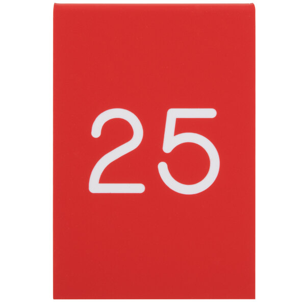 A red Cal-Mil table tent with white numbers reading "25" on a white background.
