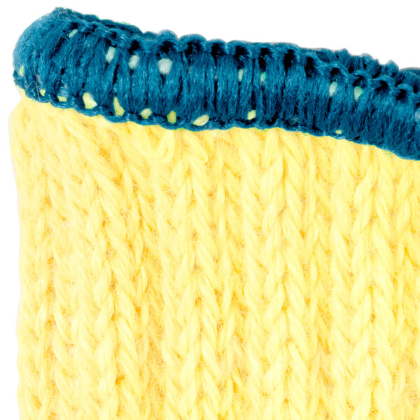 A yellow and blue Cordova knitted glove with a blue trim.