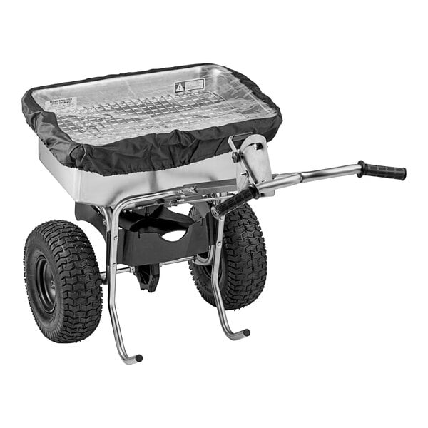 A Chapin stainless steel broadcast salt spreader with a black cover.