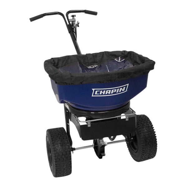 A blue and black Chapin spreader with wheels.