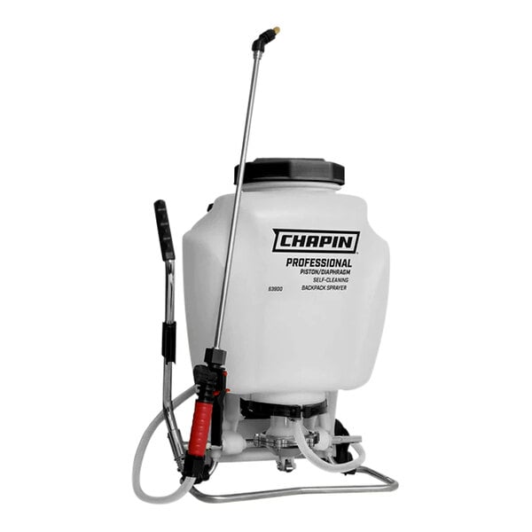 A white plastic Chapin sprayer with a handle and hose.