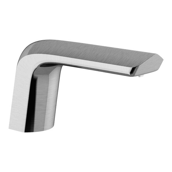 A close-up of a silver Sloan Optima deck mount sensor faucet.