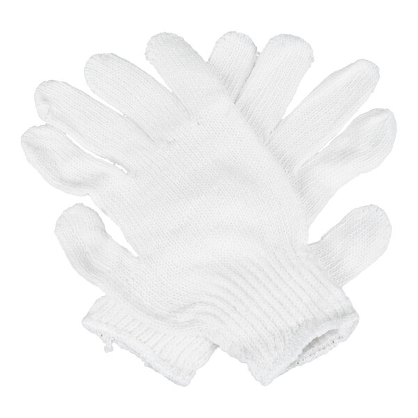 A pair of white medium weight polyester work gloves.