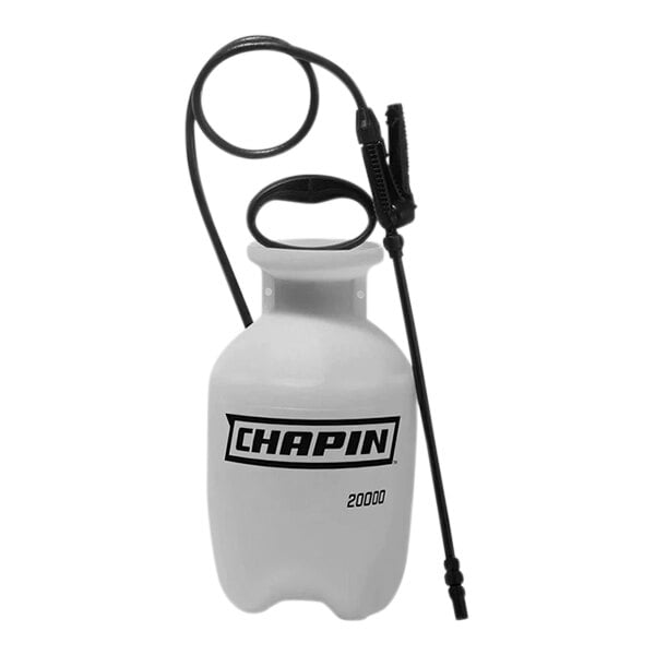 A white plastic Chapin tank sprayer with black text and a black hose.