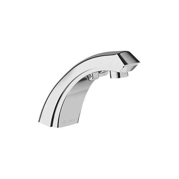 A silver Sloan deck mount sensor faucet with a white background.