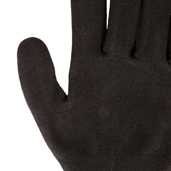 A Cordova warehouse glove with a black sandy nitrile palm coating on a white background.