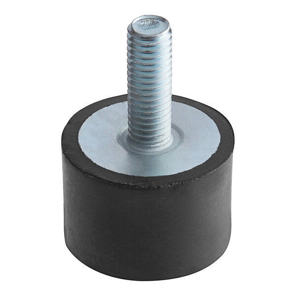 A black and silver round object with a black rubber base and a bolt on top.