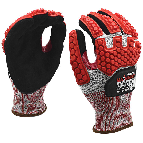 A pair of black work gloves with red and black rubber on the palms and TPR protectors.