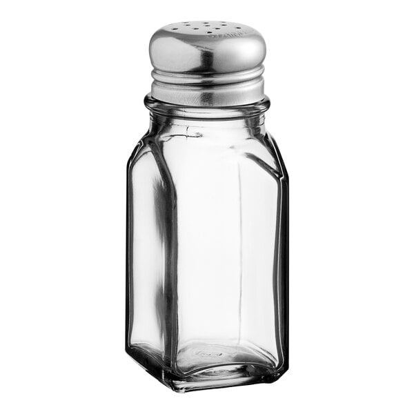 A clear glass square salt shaker with a silver top.