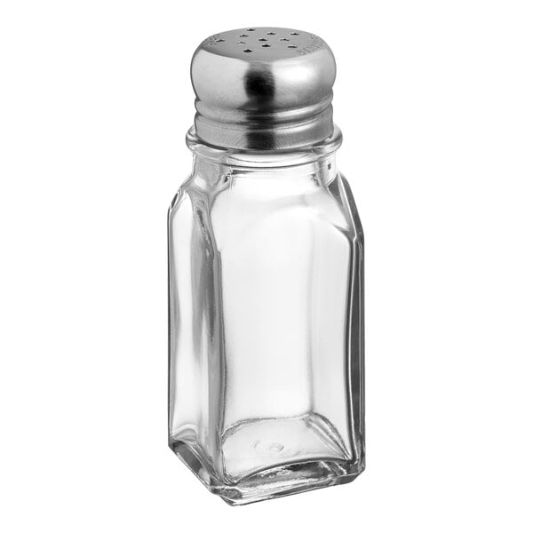 A clear glass square salt and pepper shaker with a metal lid.