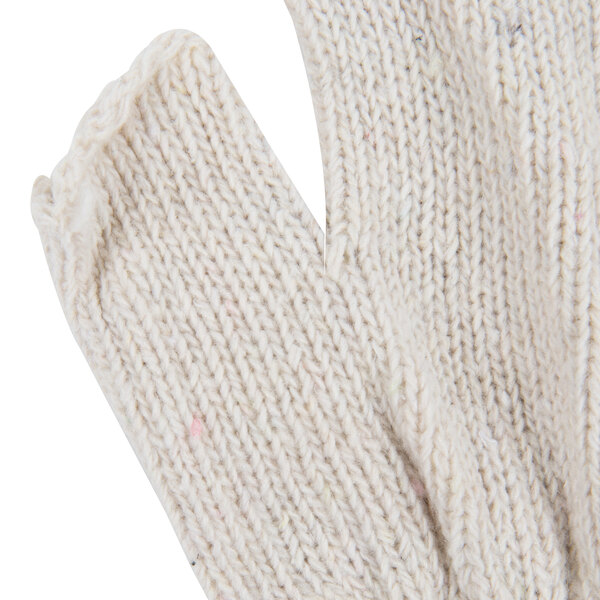 A close up of a white knitted fingerless glove.