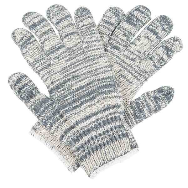 A pair of Cordova work gloves with a white and gray pattern on a white background.