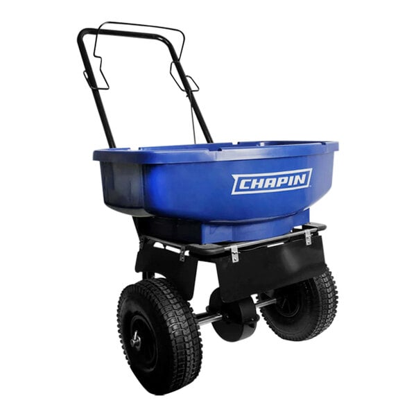 A blue Chapin broadcast spreader with black wheels.