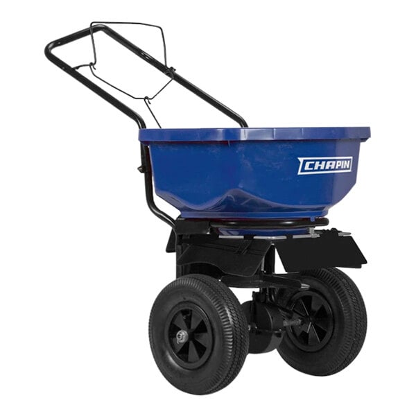 A blue wheeled salt spreader with black wheels.