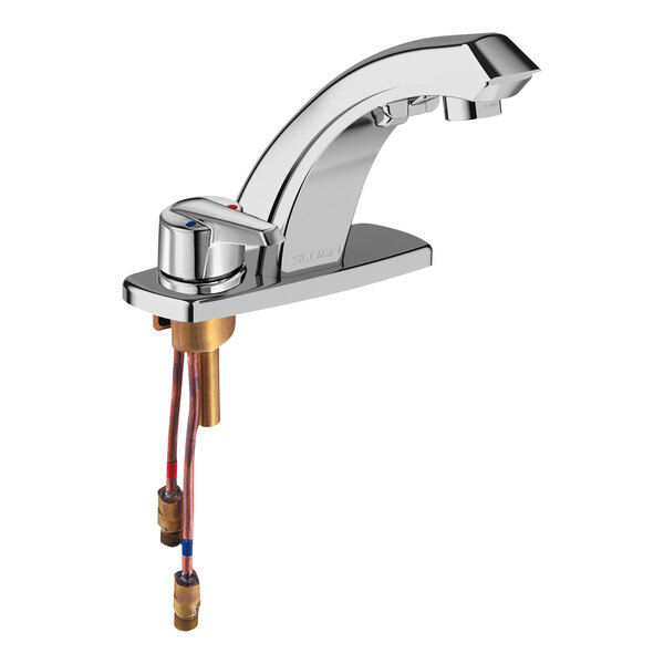 A close-up of a Sloan chrome deck mount sensor faucet with a 4" trim plate.