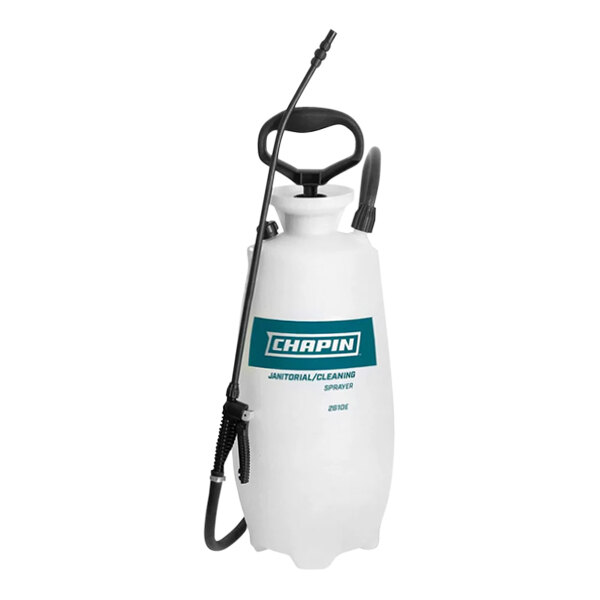 A white Chapin 3 gallon tank sprayer with black handles and a hose.