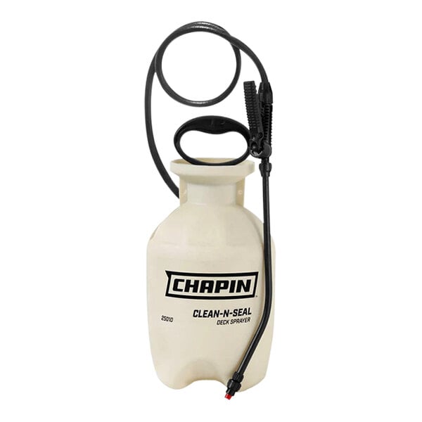 A white plastic Chapin Clean 'N Seal poly deck sprayer with a black hose.