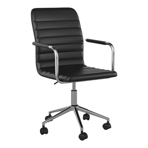 A Martha Stewart black faux leather swivel office chair with chrome wheels.